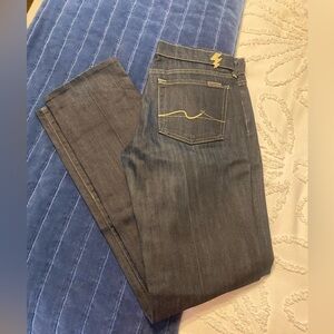 7 Seven For All Mankind Dark Wash Denim Straight Leg Jeans with Gold Stitching